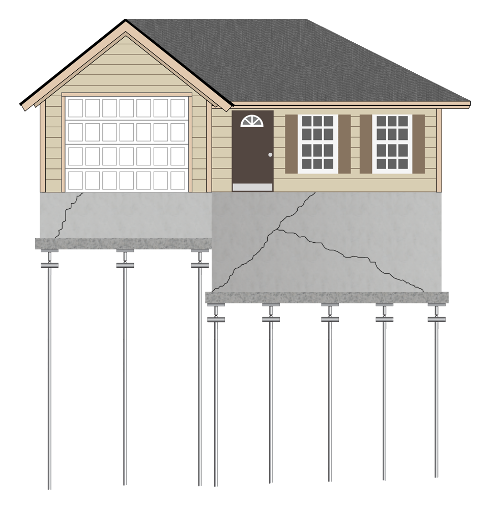 Illustration of a house lifted and stabilized on steel foundation piers